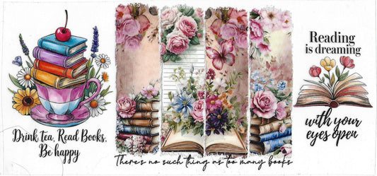 Set of decorative bookmarks with floral and book designs, featuring motivational quotes.